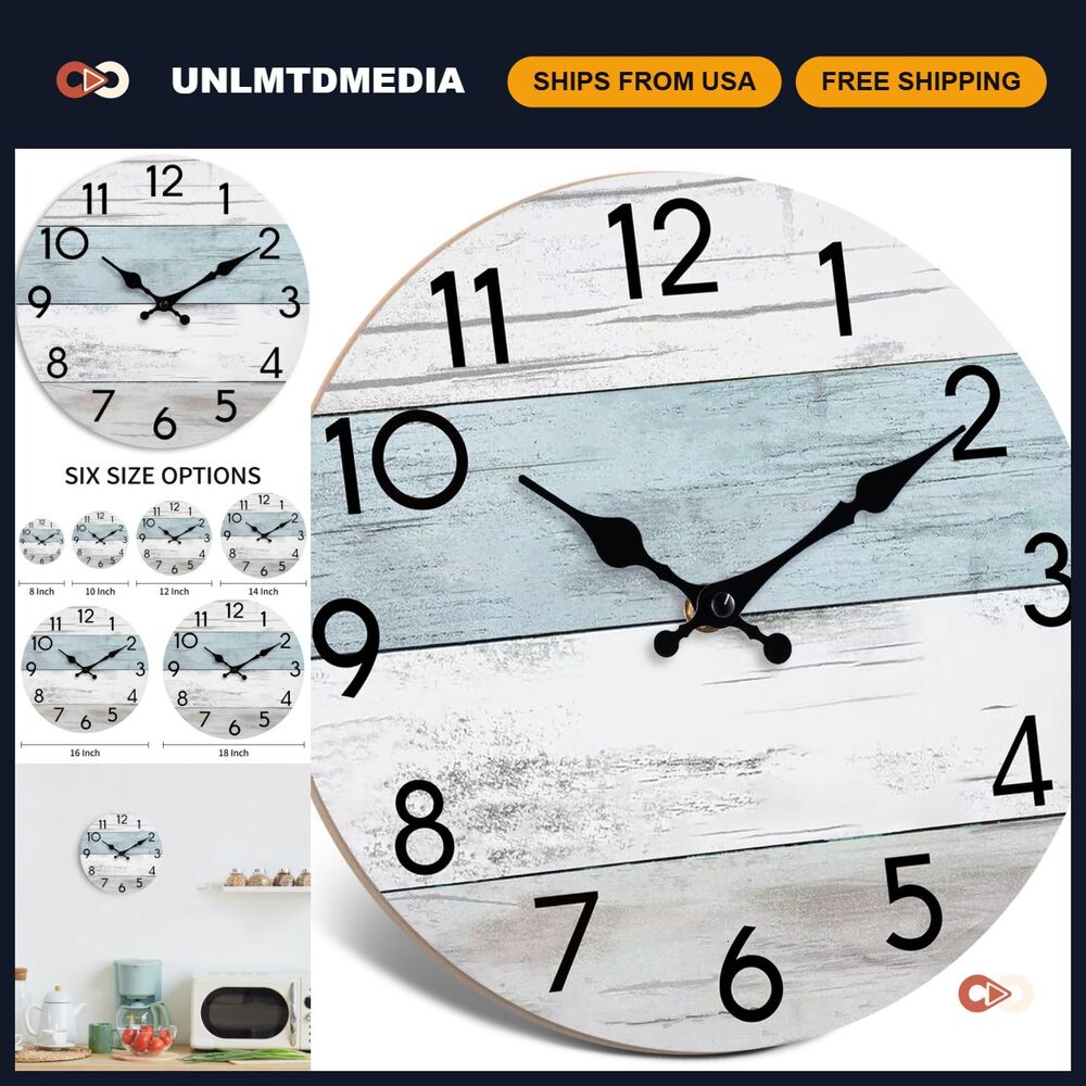 14" Silent Battery Operated Wall Clock - Modern Analog Design, Blue & White